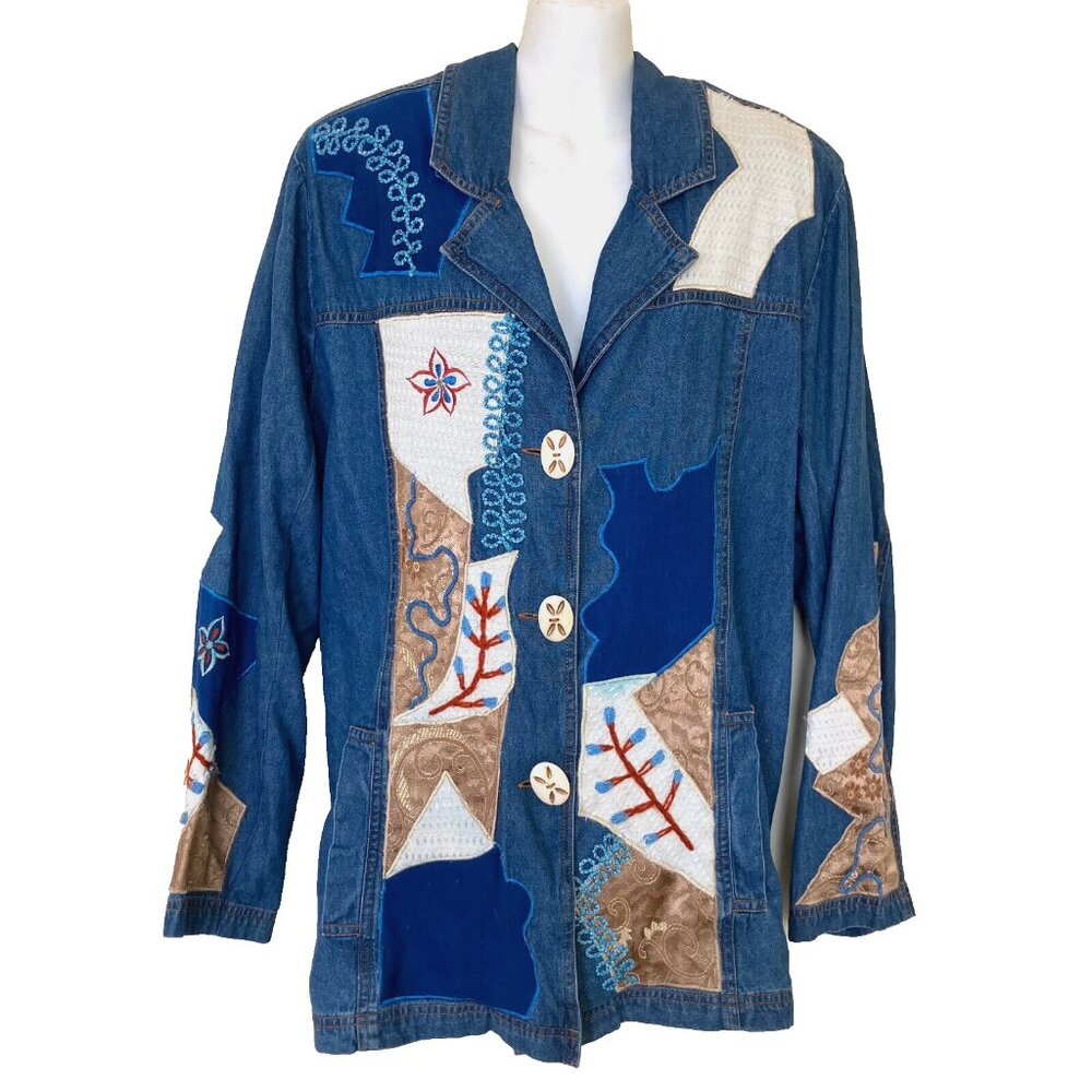 Allure Chambray Denim Patchwork Blazer Jacket Vintage Embellished Top